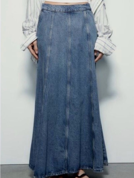 Zara Dresses & Skirts - Zara High Waisted A-Line Blue Denim Long Maxi Skirt W/Front Pockets Size M